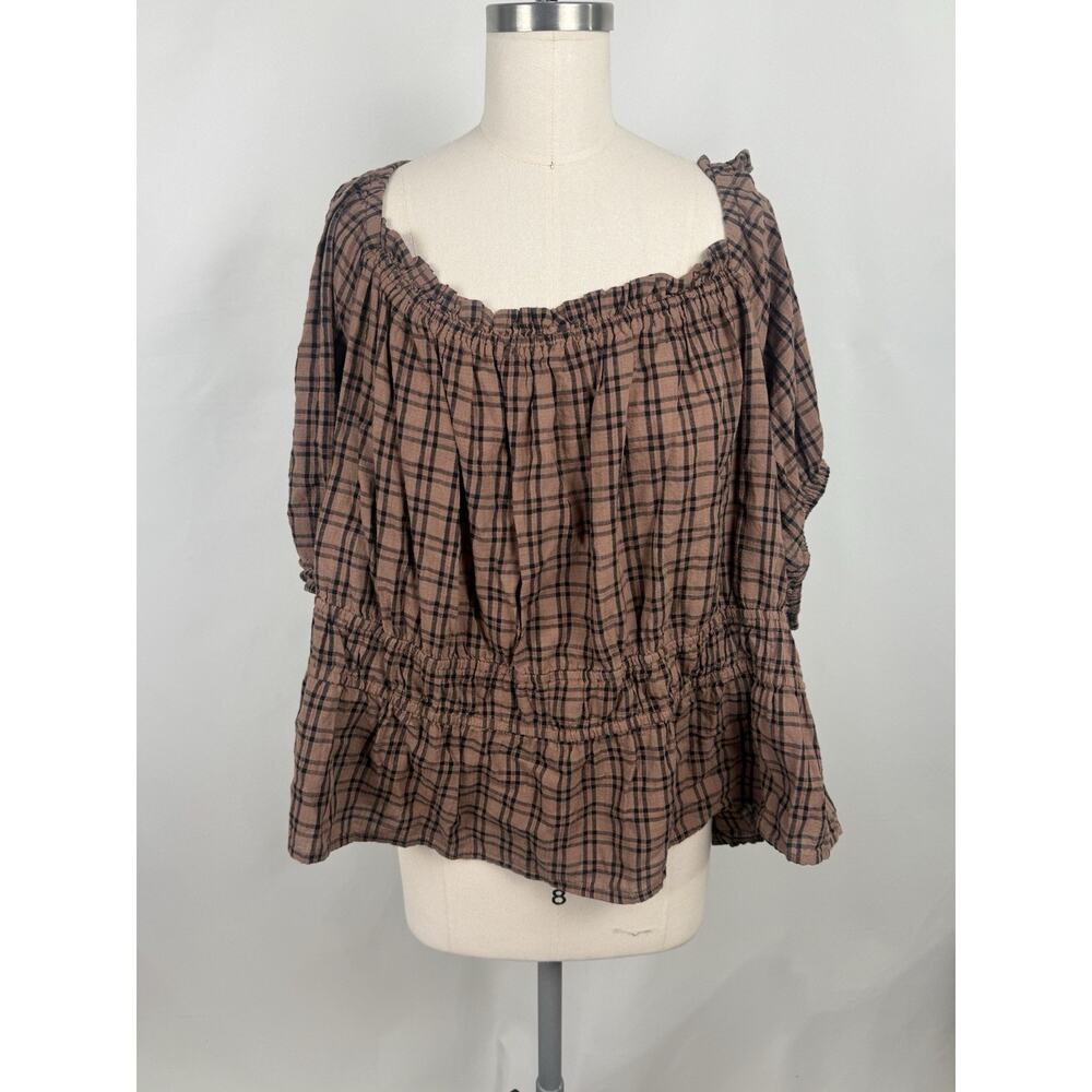 Ana 3x Smocked Ruffle Autumn Plaid Blouse‎ Feminine Festival Boho Cottage Core